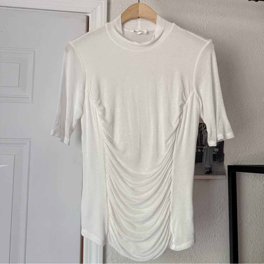 MARCELLA NYC white semi sheer ruched knit stretchy mock neck short sleeve top‎